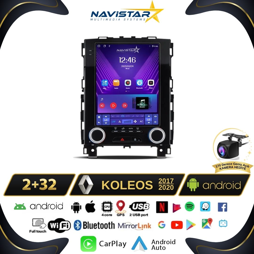 Renault Koleos Tesla 2017-2020 Model 2GB + 32GB Android 13 Kablosuz Carplay Navigasyon Multimedya Sistemi