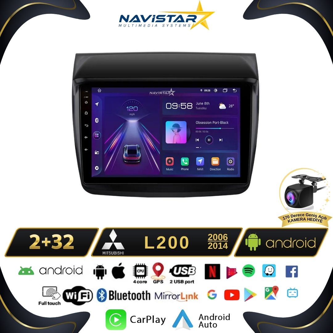 Mitsubishi L200 2006-2014 Model 2GB + 64GB Android 13 Kablosuz Carplay Navigasyon Multimedya Sistemi