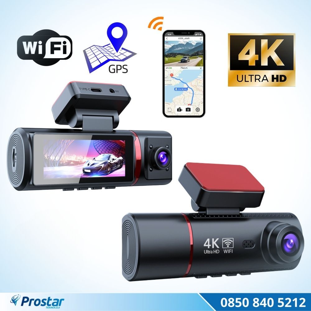 4K Ultra HD 2 Kameralı Ön ve iç Wifi GPS G-Sensör Park Modu Dashcam Kamera