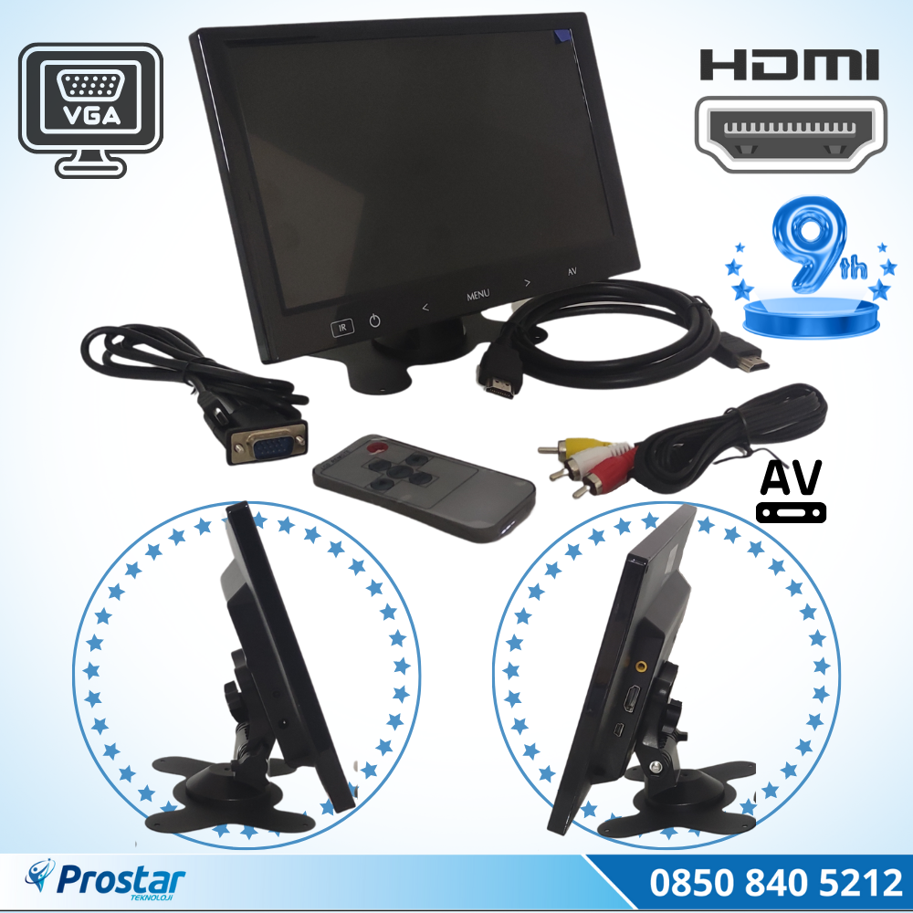 Araç Içi Monitör 9" Vga Hdmı Av Girişli Tft Lcd Büyük Ekran