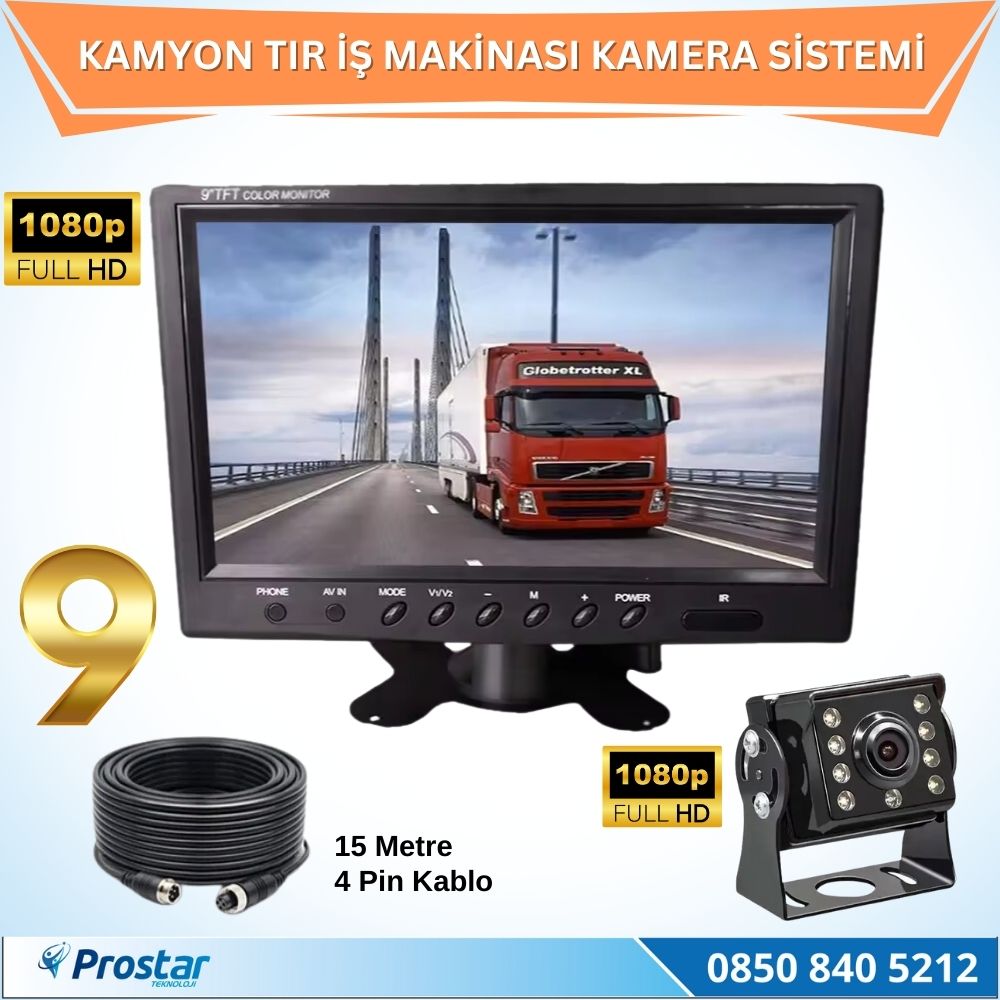 Kamyon Tır ve İş Makinaları için 9 inç AHD Monitörlü 1080P Full HD Kameralı Tak Kullan Set