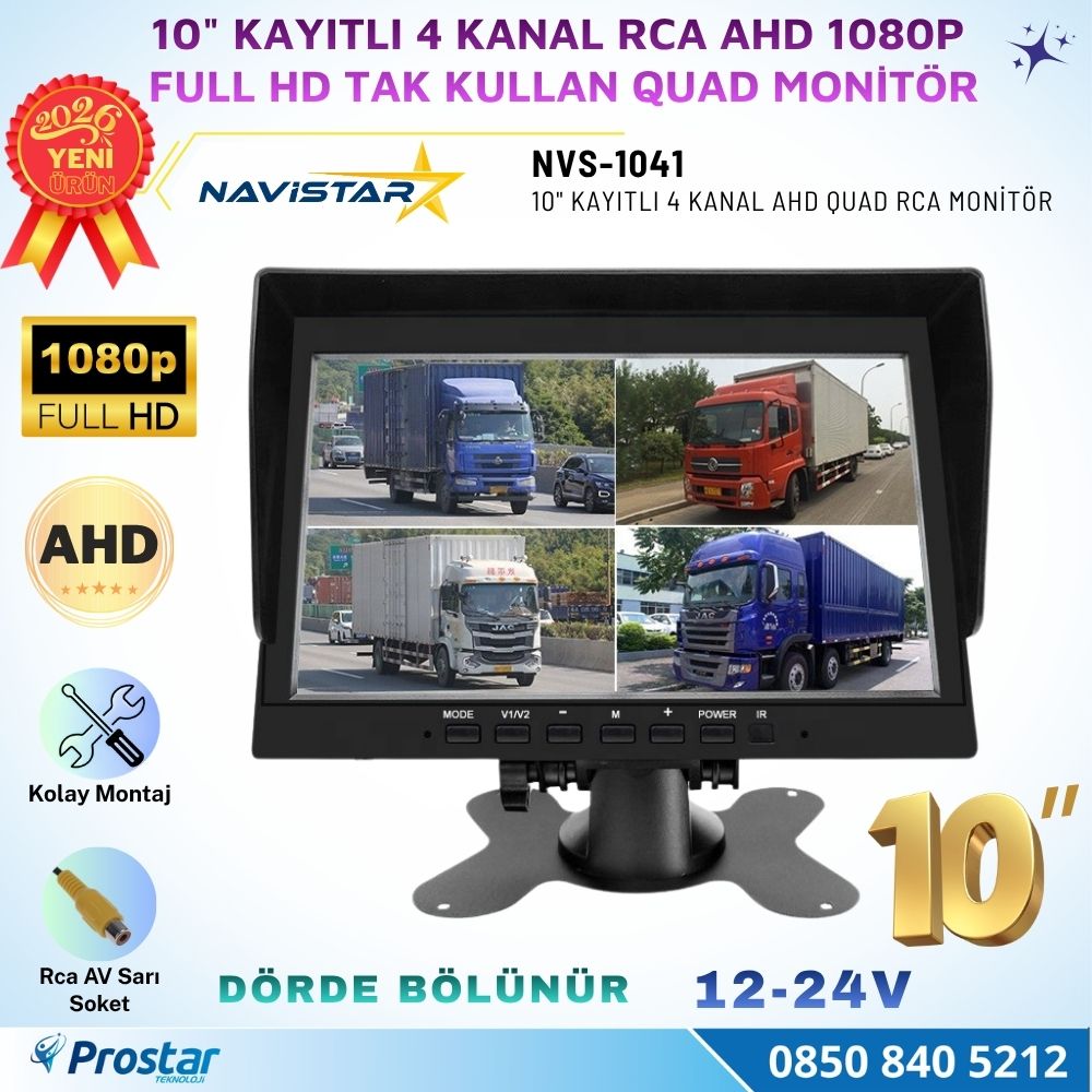 Kayıtlı 10 inç 4 Kanal Full HD Tak Kullan Quad AHD Analog Uyumlu RCA AV Araç Monitörü 12-24V