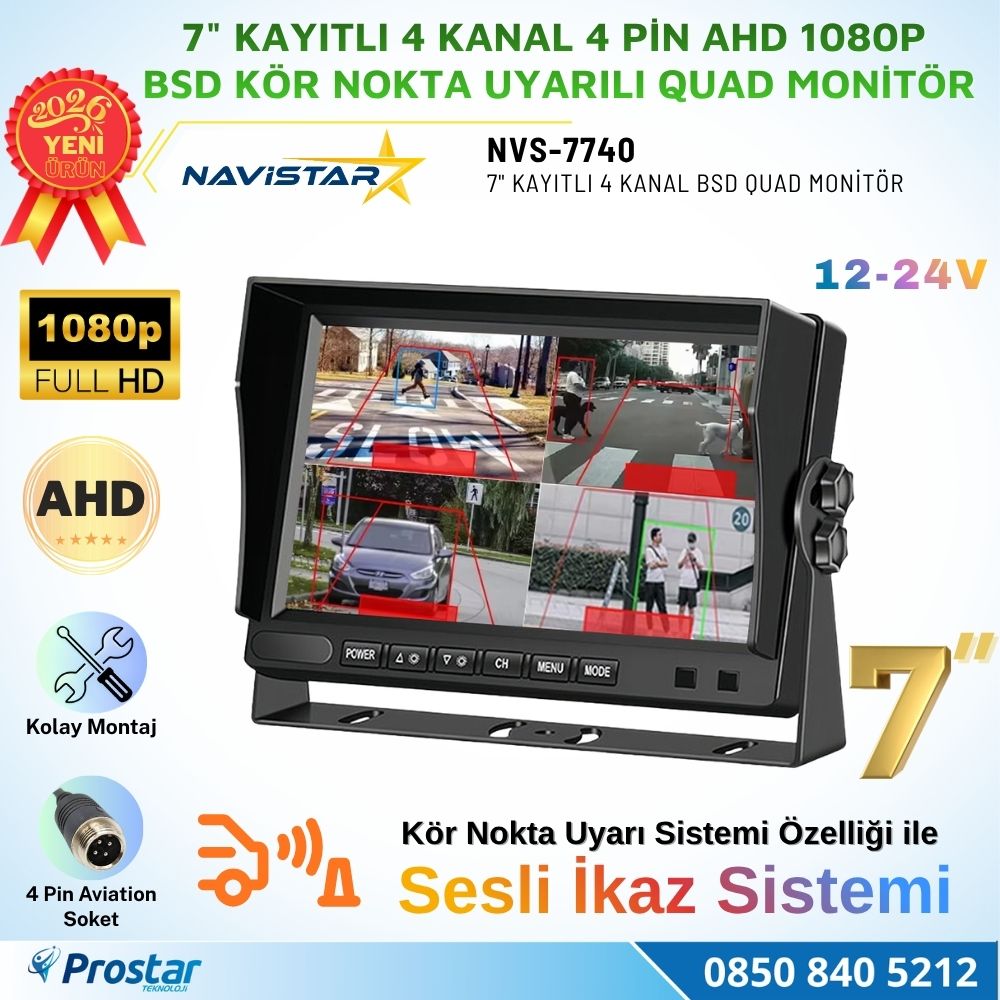 7 inç 4 Kanal Full HD BSD Kör Nokta Uyarılı AHD Quad Araç Monitörü Aktif Nesne Algılama + Sesli İkaz 12-24V