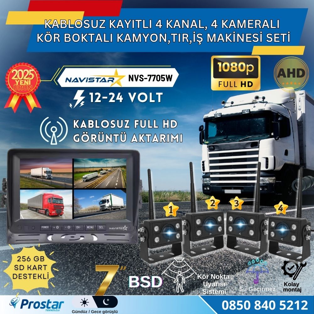 4 Kablosuz Kameralı 7 inç Kayıtlı Monitör Full HD BSD Kör Nokta Uyarı Sistemli Tak Kullan Kamera Seti