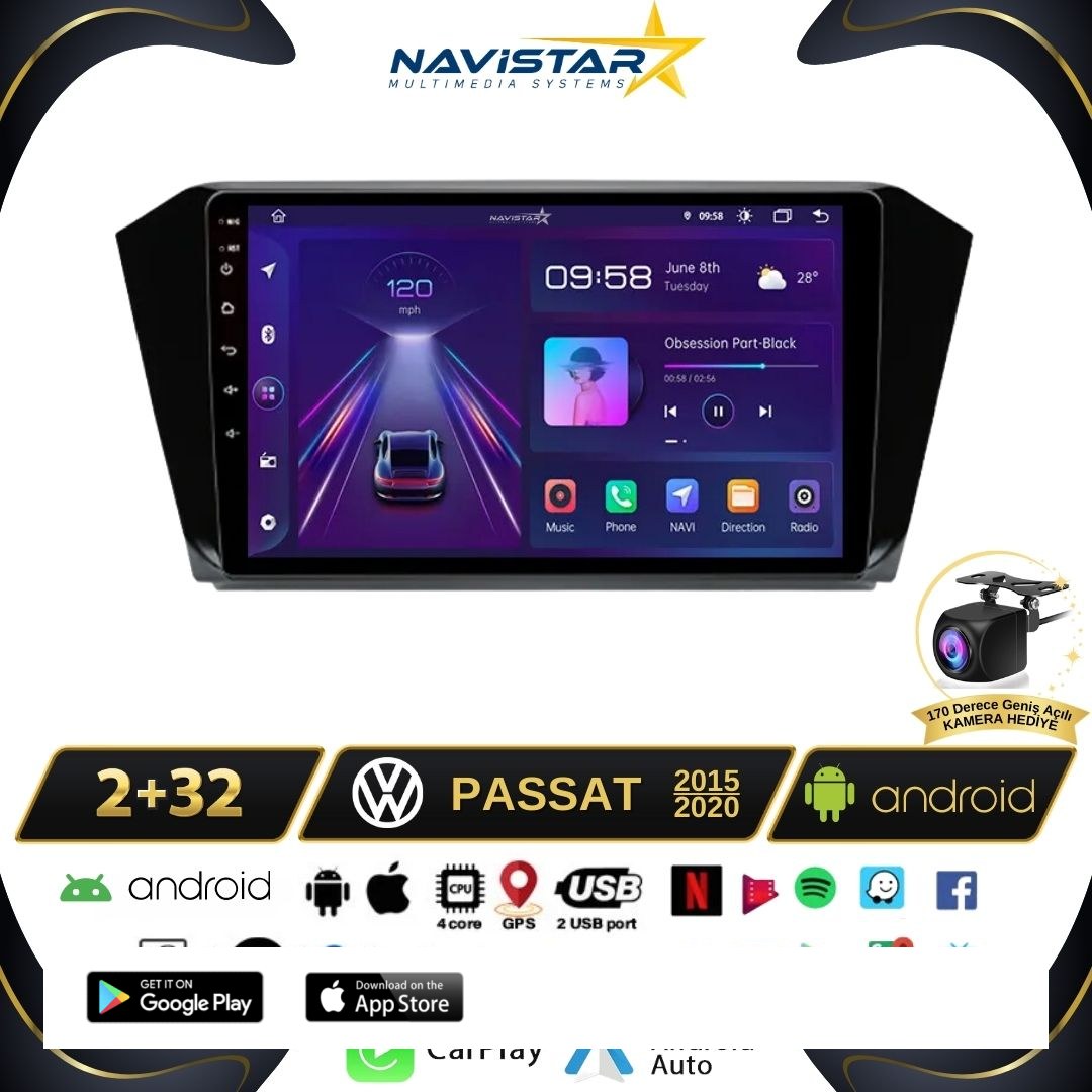 Passat B8 10 Inç 2+64GB Kablosuz Carplay Android 13 Navigasyon Multimedya Sistemi
