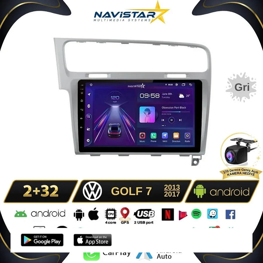 Vw Golf 7 Gri Çerçeve Kablosuz Carplay 2+32 GB Android 13 Navigasyon Multimedya Sistemi