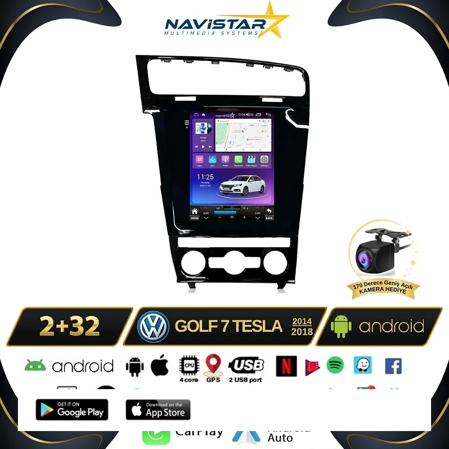 Volkswagen Golf 7 Tesla 2014-2018 Model 2GB + 32GB Kablosuz Carplay Navigasyon Multimedya Sistemi