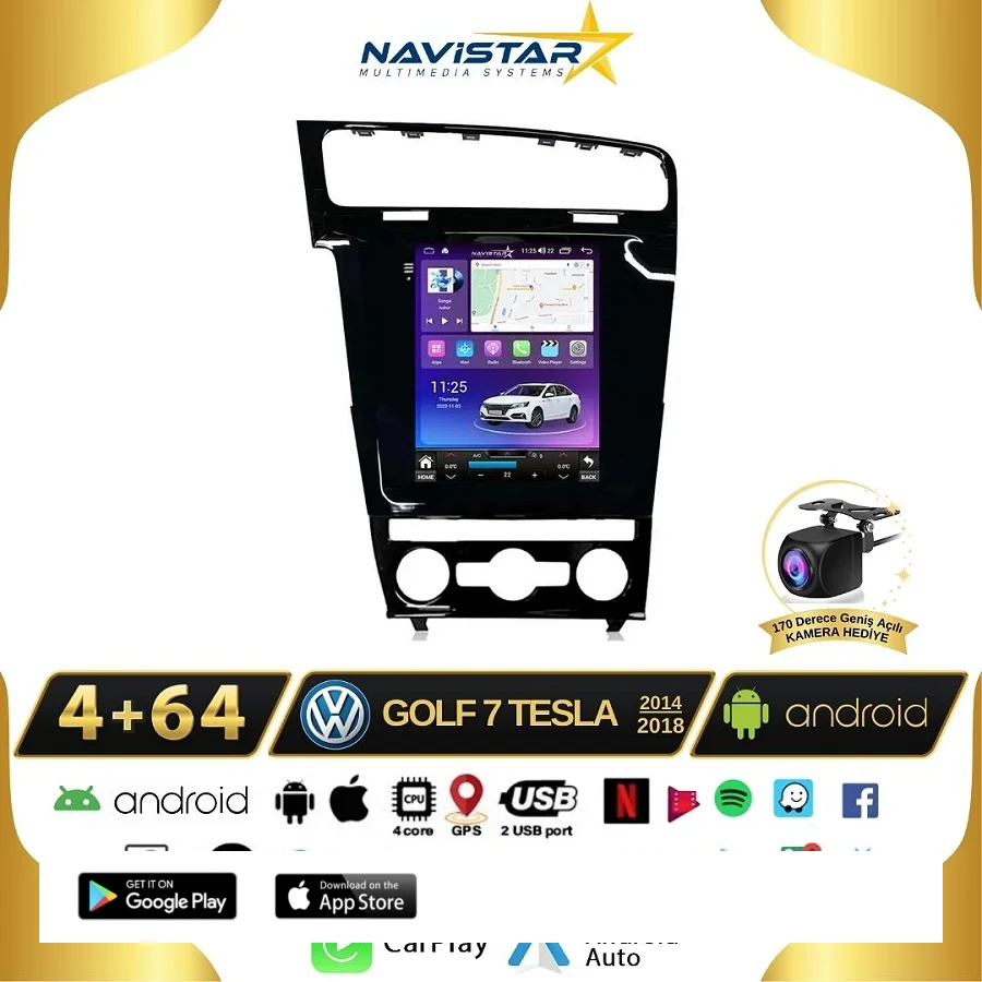 Volkswagen Golf 7 Tesla 4GB + 64GB 2014-2018 Model Kablosuz Carplay Navigasyon Qled Multimedya Sistemi