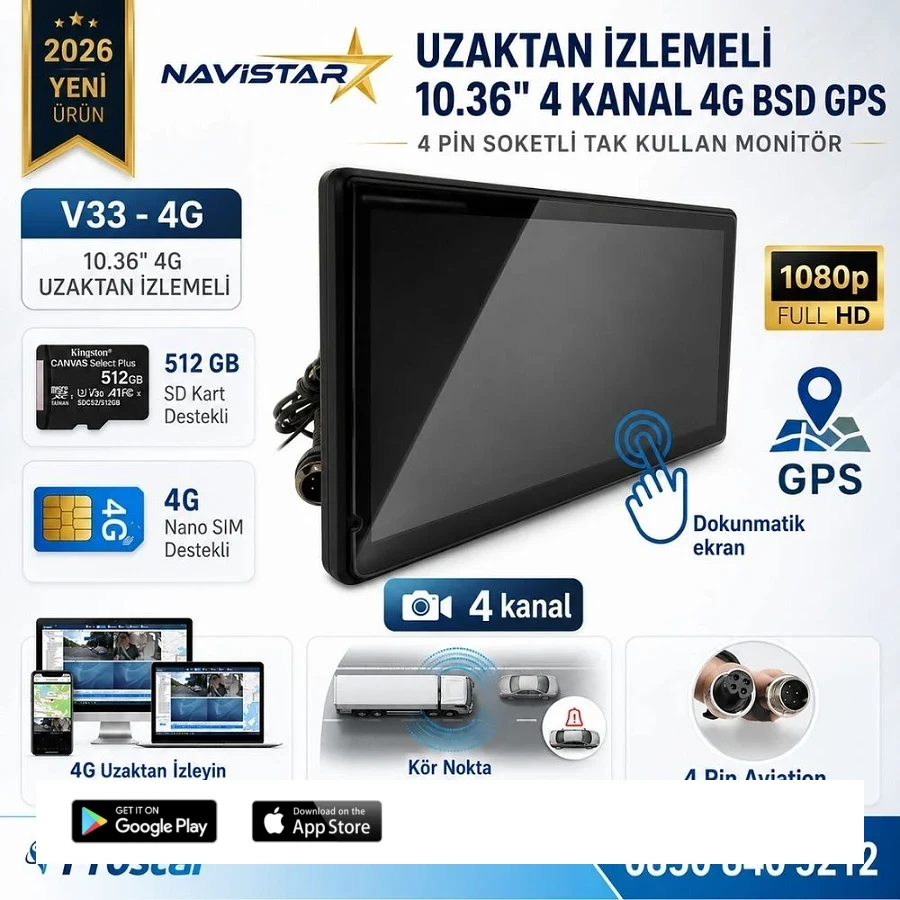 Uzaktan izlemeli 10.36 inç Dokunmatik 4 Kanal 4G GPS BSD Kör Nokta Uyarı Sistemli Monitör