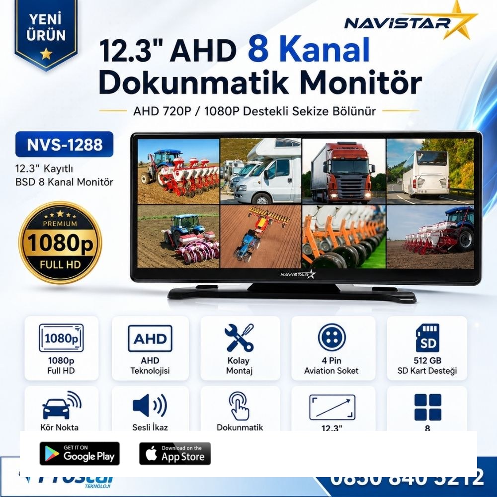 12.3 inç 8 Kanal Full HD AHD Geniş Ekran Dokunmatik Kayıtlı Araç Monitörü 12-24V