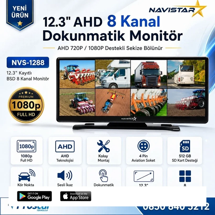 12.3 inç 8 Kanal Full HD AHD Geniş Ekran Dokunmatik Kayıtlı Araç Monitörü 12-24V