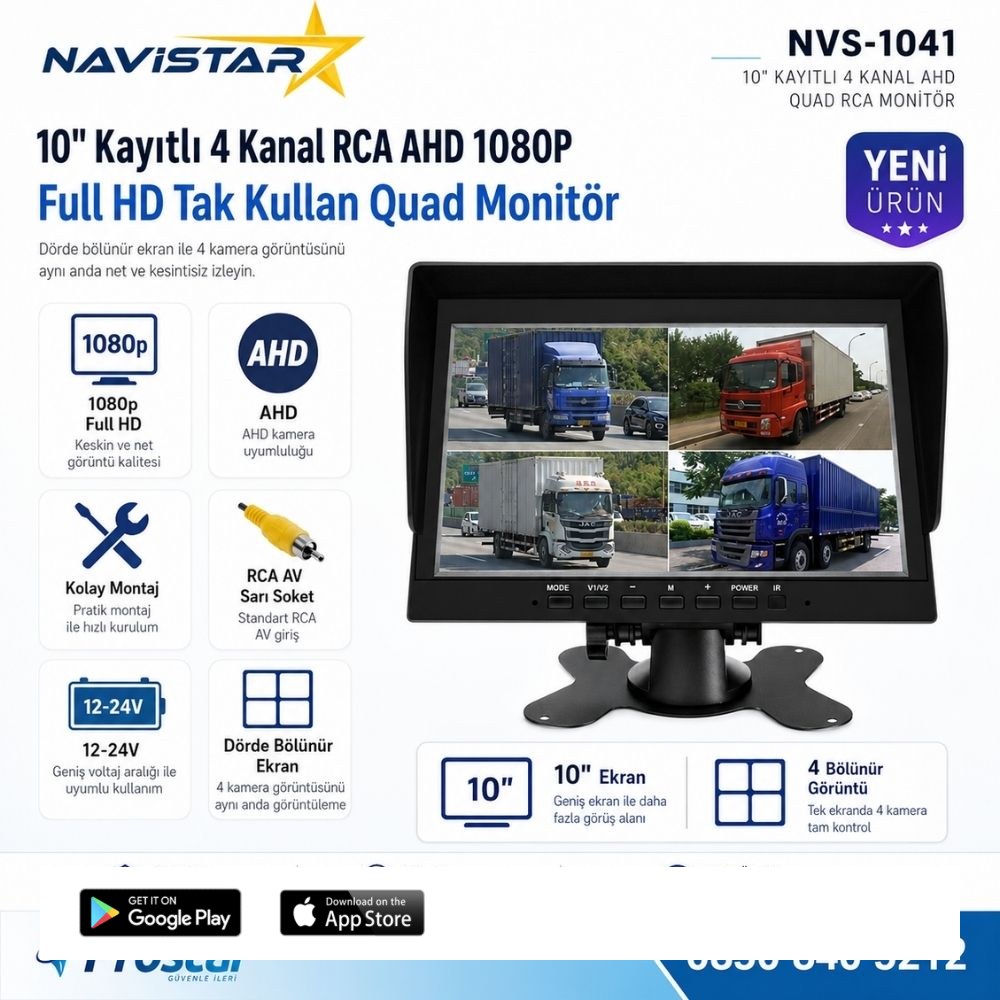 Kayıtlı 10 inç 4 Kanal Full HD Tak Kullan Quad AHD Analog Uyumlu RCA AV Araç Monitörü 12-24V