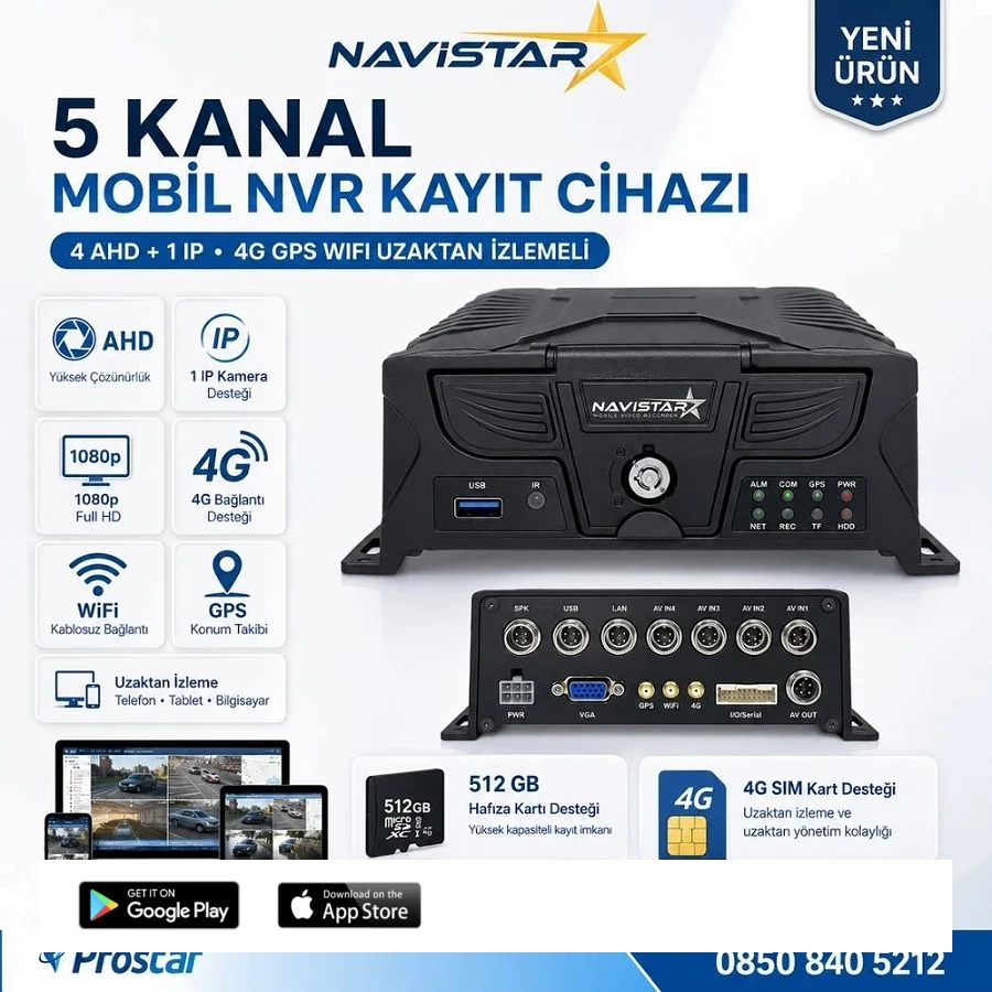 5 Kanal Mobil NVR Kayıt Cihazı 4 AHD + 1 IP Kamera 4G GPS WiFi 1080p Full HD Uzaktan İzleme Araç Güvenlik Sistemi