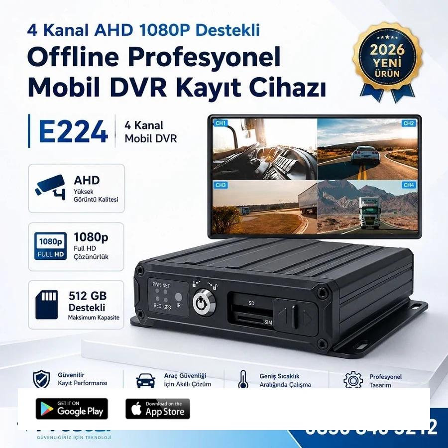 4 Kanal AHD 1080P Full HD Offline Profesyonel Mobil DVR Kayıt Cihazı 512 GB SD Kart Destekli H.265 Kayıt Sistemi
