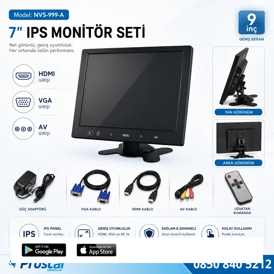Güvenlik Kamera Monitörü 9" Ekran Hdmi Vga Av Girişli Lcd Ekran 4 Kanal