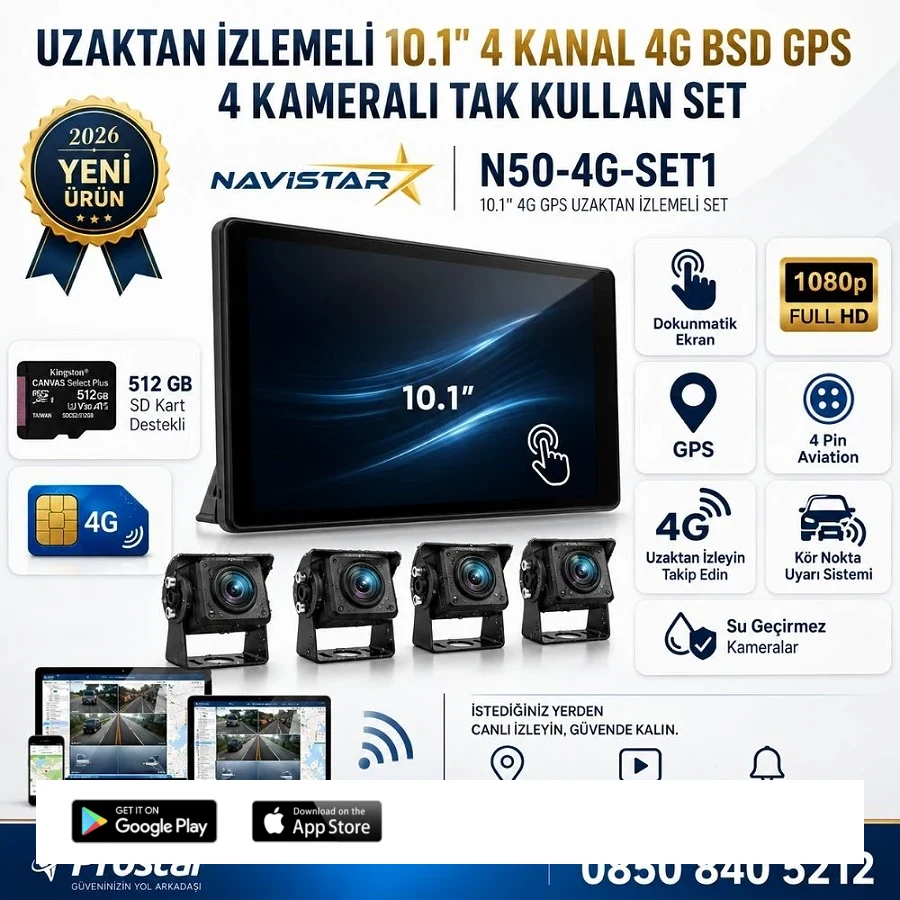 Uzaktan izlemeli 10 inç 4 Kanal 4G GPS BSD Kör Nokta Uyarı Sistemli Profesyonel Araç Kamera Seti