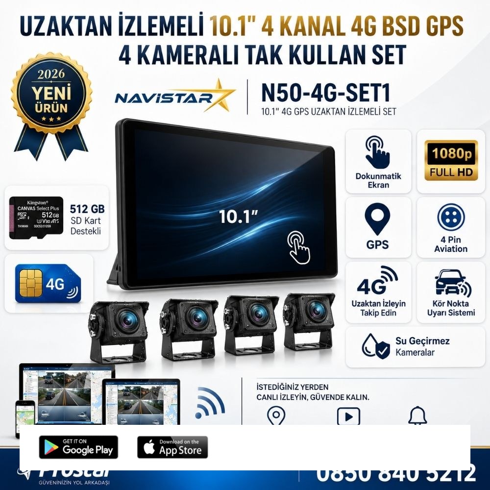 Uzaktan izlemeli 10 inç 4 Kanal 4G GPS BSD Kör Nokta Uyarı Sistemli Profesyonel Araç Kamera Seti