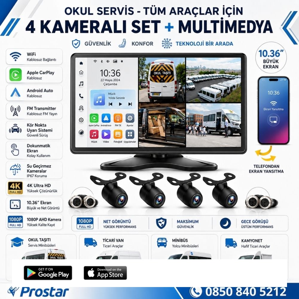 Okul Servisleri Için 10.36" Dokunmatik Ekranlı 4 Kameralı Kayıtlı Video Müzik Telefon Ekran Yansıtma Özellikli Tak Kullan Kamera Seti