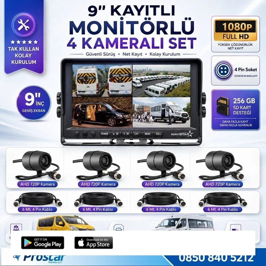 9 Inç Dörde Bölünür Kayıtlı 256Gb Sd Destekli 4 Kameralı 720P Ahd 4 Pin Soketli Tak Kullan Kamera Seti