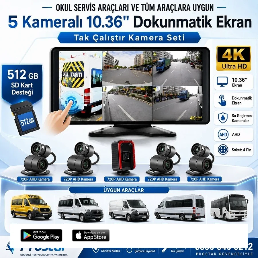 Servisler Için 5 Kameralı 10.36" Dokunmatik Kayıtlı Ekranlı 256 Gb Sd Kart Destekli Araç Kamera Seti