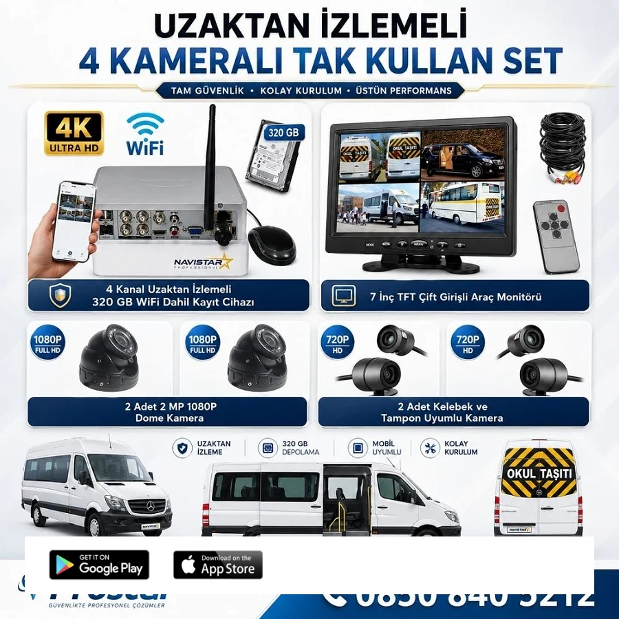 Uzaktan Izlemeli 4 Kameralı Wifi 320 Gb Harddisk 7 Inç Ekranlı Araç Kamera Seti