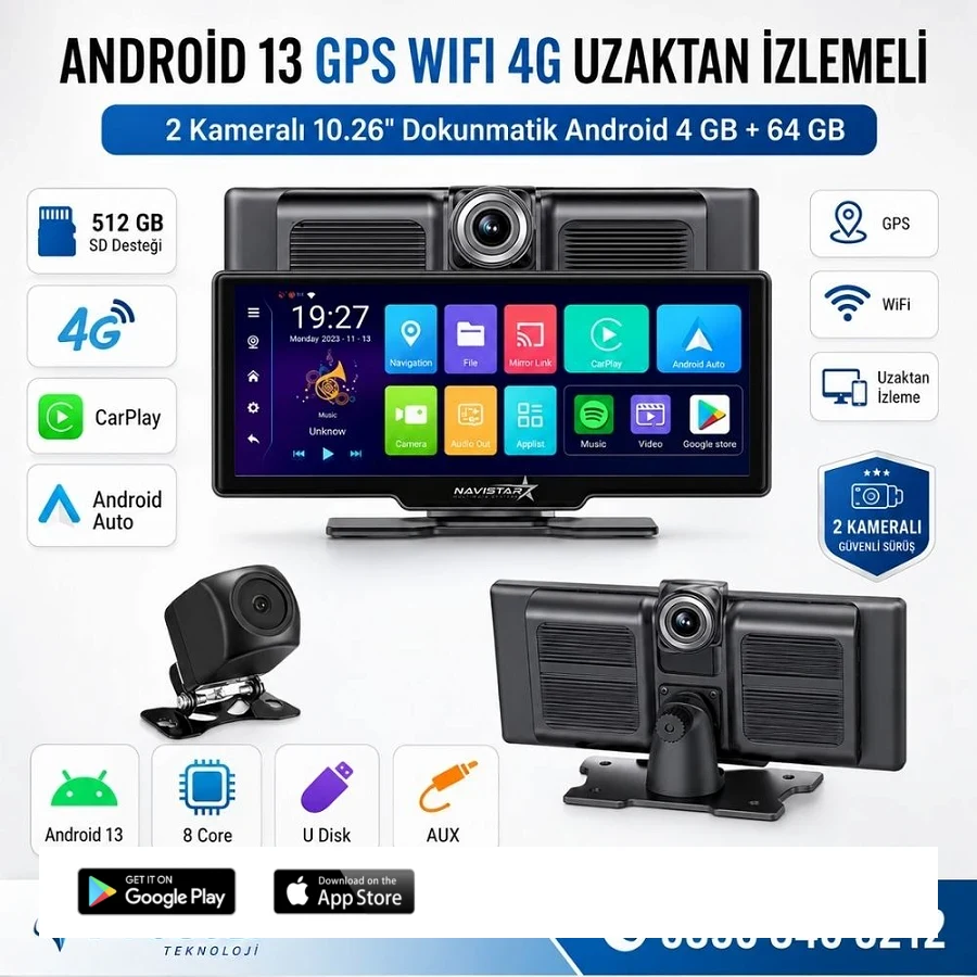 Kayıtlı 2 Kameralı Android 13 WIFI GPS 4G Uzaktan izlemeli 4 GB + 64 GB Carplay 512 GB Destekli Tak Kullan Kamera Seti
