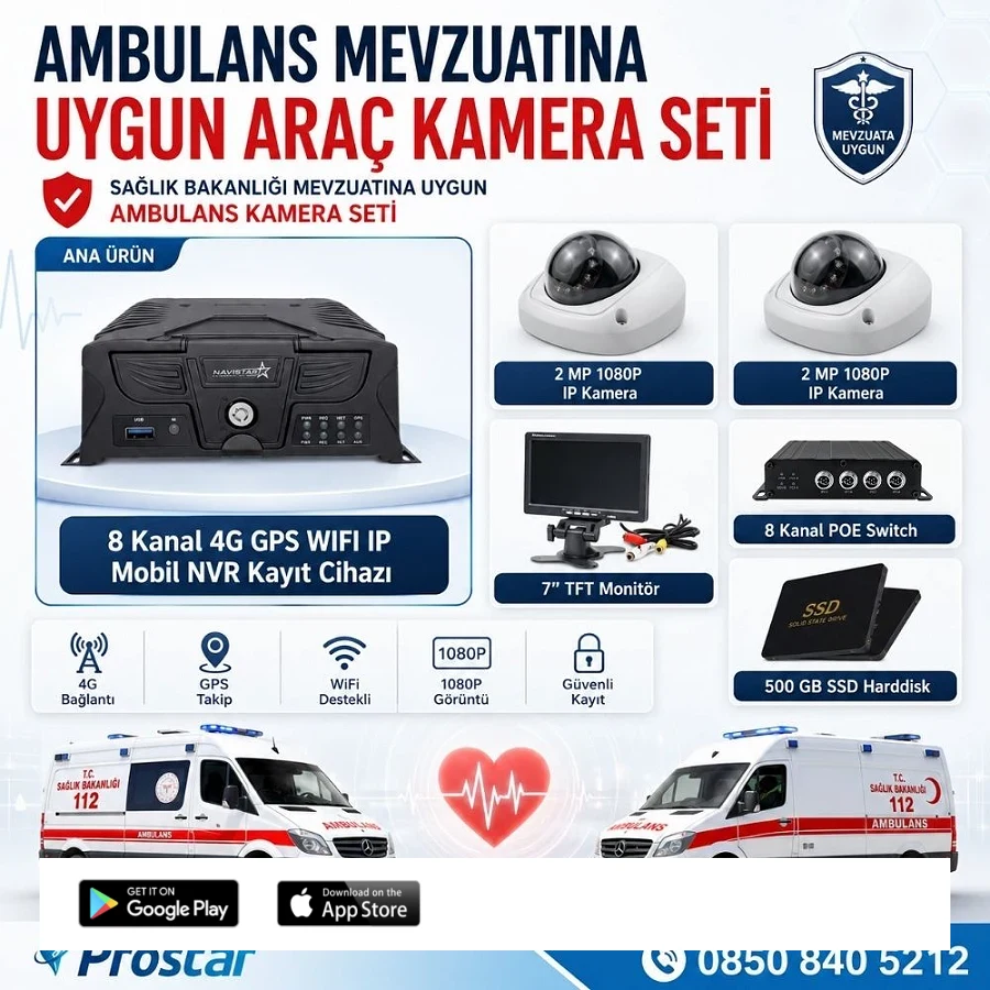 Ambulans Mevzuatına Uygun 2 Kameralı 8 Kanal Mobil NVR 500 GB 7 inç Monitörlü Tak Kullan Set