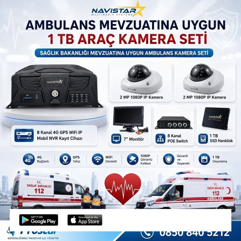 Ambulans Mevzuatına Uygun 2 Kameralı 8 Kanal Mobil NVR 1 TB 7 inç Monitörlü Tak Kullan Set
