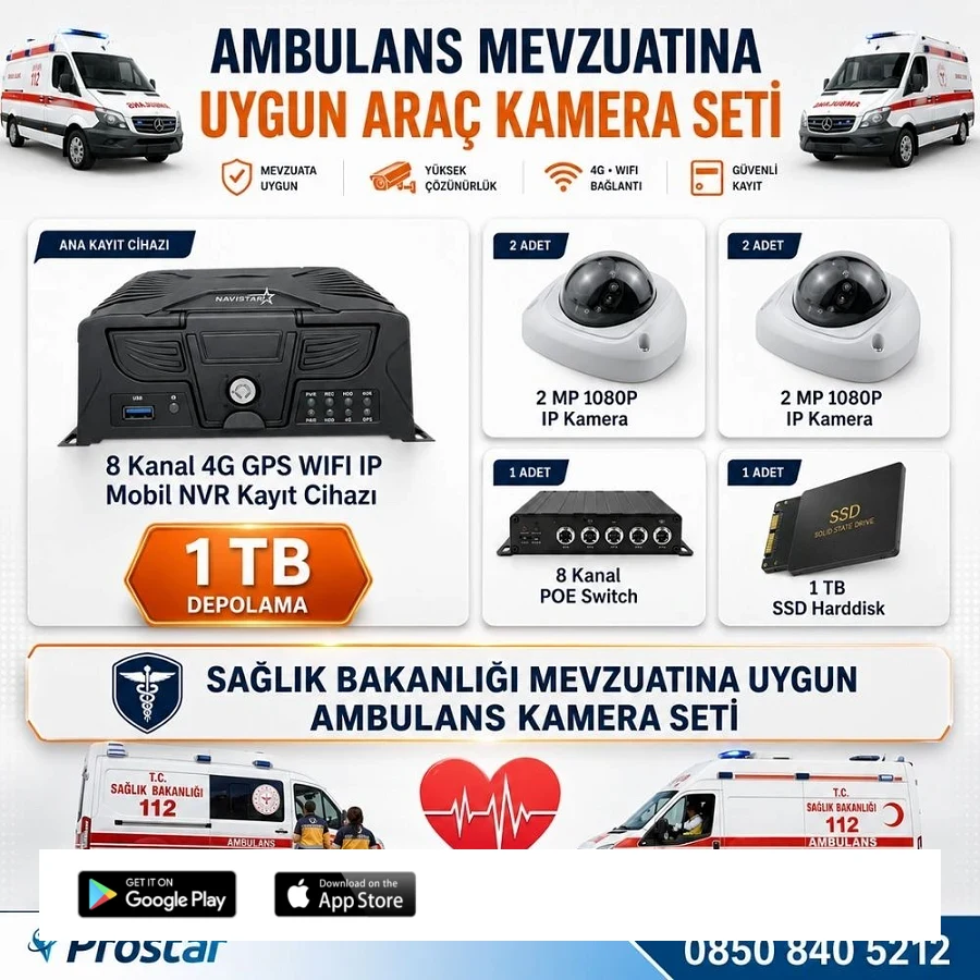 Ambulans Mevzuatına Uygun 1 TB 2 Kameralı 8 Kanal Mobil NVR Tak Kullan Set