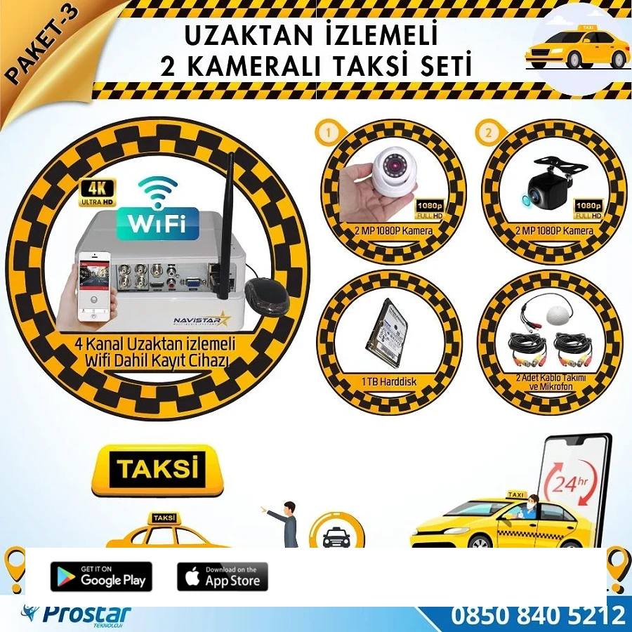 Taksi Kamera Seti 3 Uzaktan Izlemeli 2 Kameralı Wifi 1 Tb Harddisk Dahil