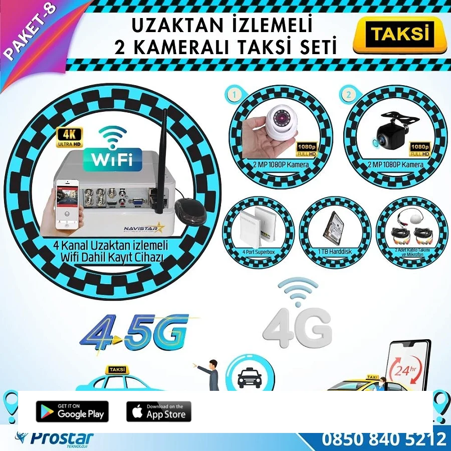 Taksi Kamera Seti 8 Uzaktan Izlemeli 2 Kameralı Wifi 4G 1 Tb Harddisk Dahil