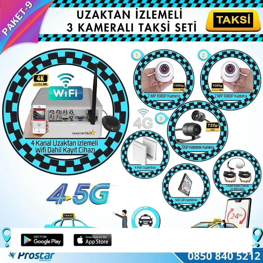 Taksi Kamera Seti 9 Uzaktan Izlemeli 3 Kameralı Wifi 4G 500 Gb Harddisk Dahil