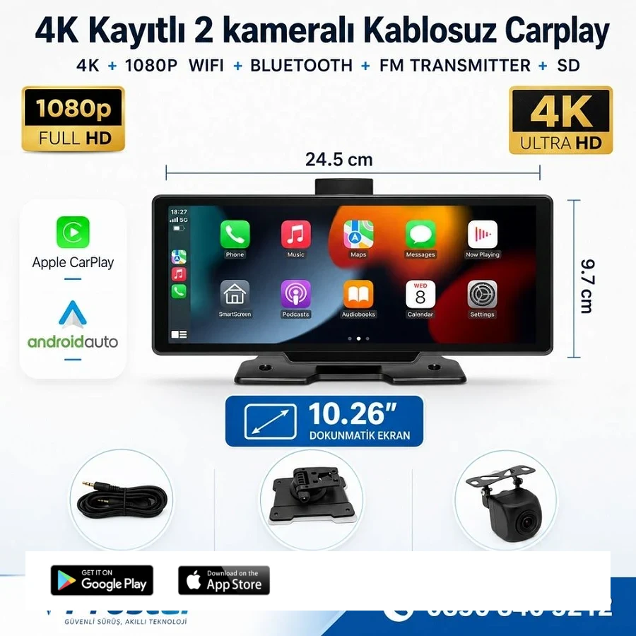 Dokunmatik 10.26 inç 4K+1080P Çift Kameralı Kablosuz Carplay Wifi Bluetooth Set