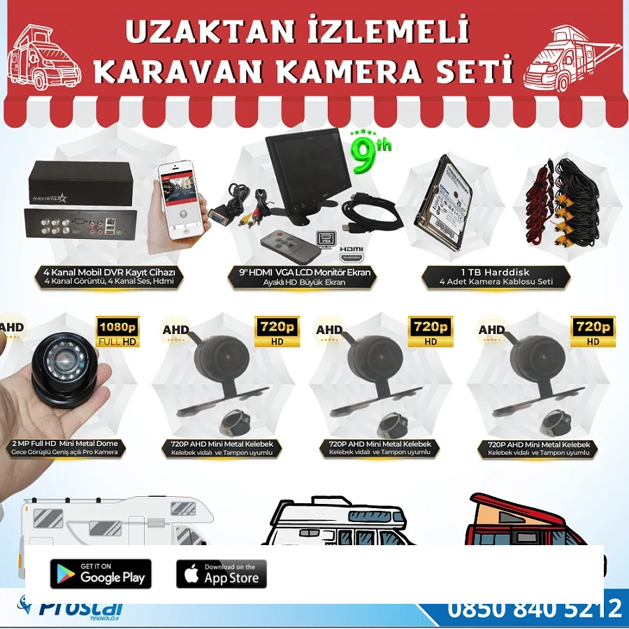 Karavan 1 Tb Harddiskli 9 Inç Hdmi Monitörlü 4 Kameralı Uzaktan İzlemeli Kayıtlı Kamera Seti