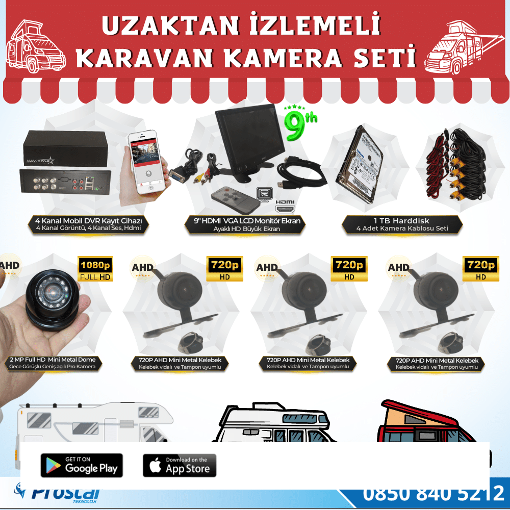 Karavan 1 Tb Harddiskli 9 Inç Hdmi Monitörlü 4 Kameralı Uzaktan İzlemeli Kayıtlı Kamera Seti