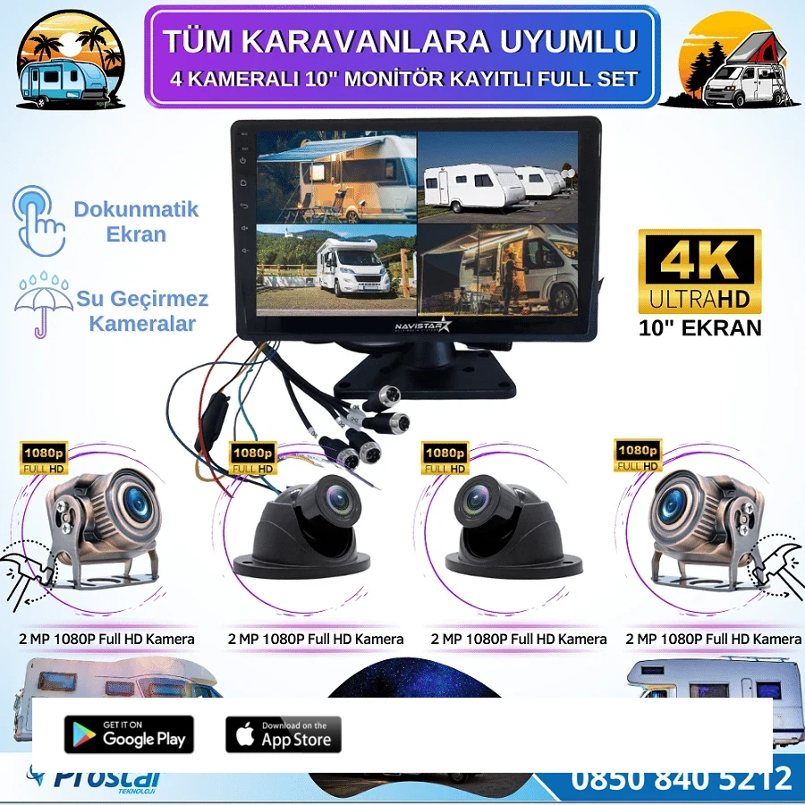 Karavan Kamera Seti 4 Kameralı 10 Inç Dokunmatik Ekranlı 256 Gb Sd Destekli Tak Kullan
