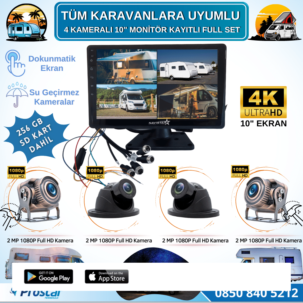 256 Gb Sd Dahil Karavan Kamera Seti 4 Kameralı 10 Inç Dokunmatik Ekranlı Tak Kullan