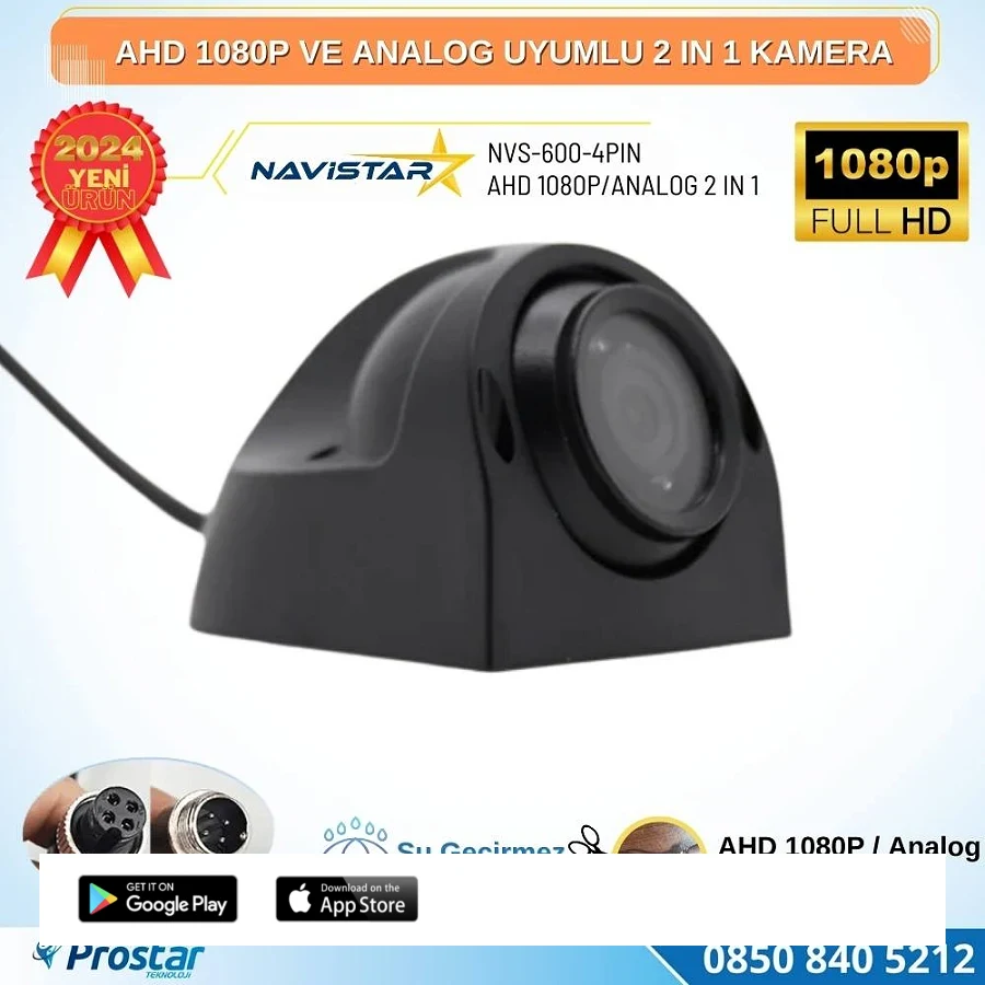 AHD 1080P ve Analog Pal Çevirilebilir 4 Pin Gece Görüşlü Yan, Ön ve Arka Uyumlu Full HD Kamera
