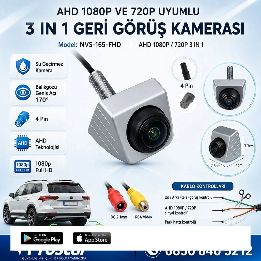 Ayarlanabilir Başlıklı AHD 1080P ve 720P Çevrilebilir 170 Derece Geniş Açılı Geri Görüş Kamerası