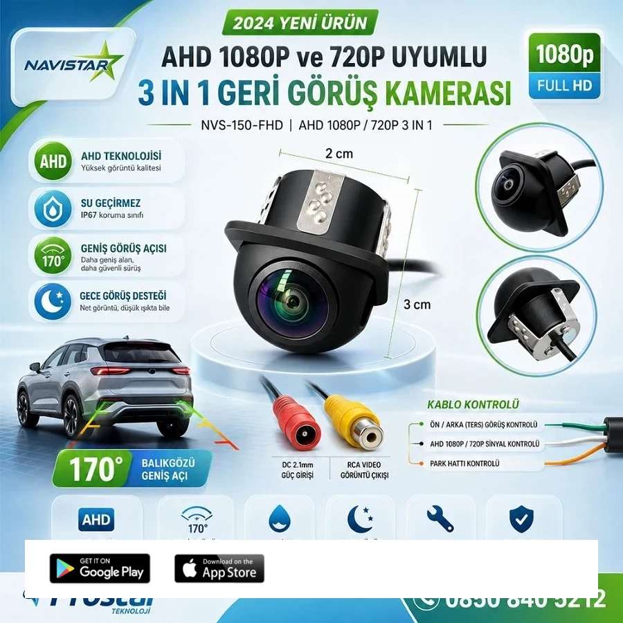 AHD 1080P ve 720P Çevrilebilir 170 Derece Balıkgözü Geniş Açılı  Geri Görüş Kamerası