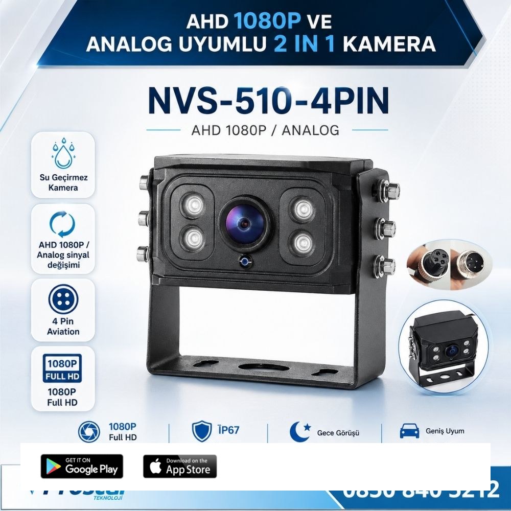AHD 1080P ve Analog Pal Çevirilebilir 4 Pin Gece Görüşlü Full HD Araç Kamerası