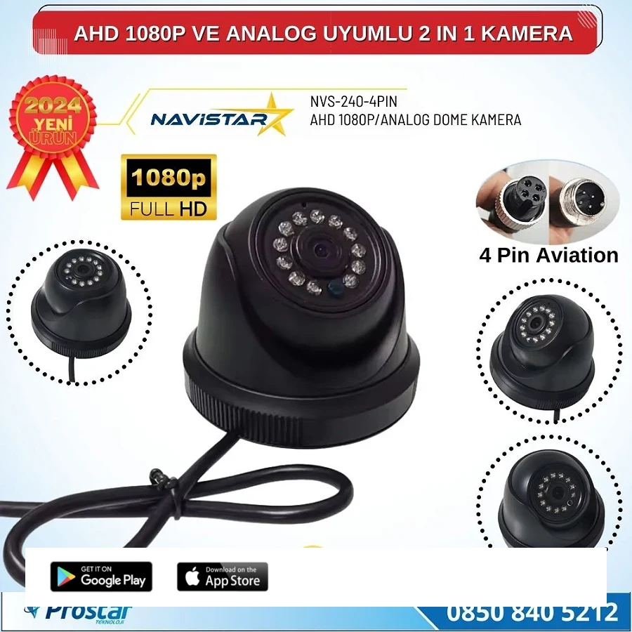 AHD 1080P ve Analog Pal Çevrilebilir 4 Pin Plastik Dome Araç Kamerası