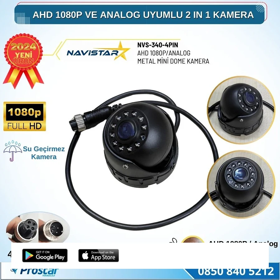 AHD 1080P ve Analog CVBS Pal Dönüştürülebilir Gece Görüşlü 4 Pin Mini Metal Dome Araç Kamerası