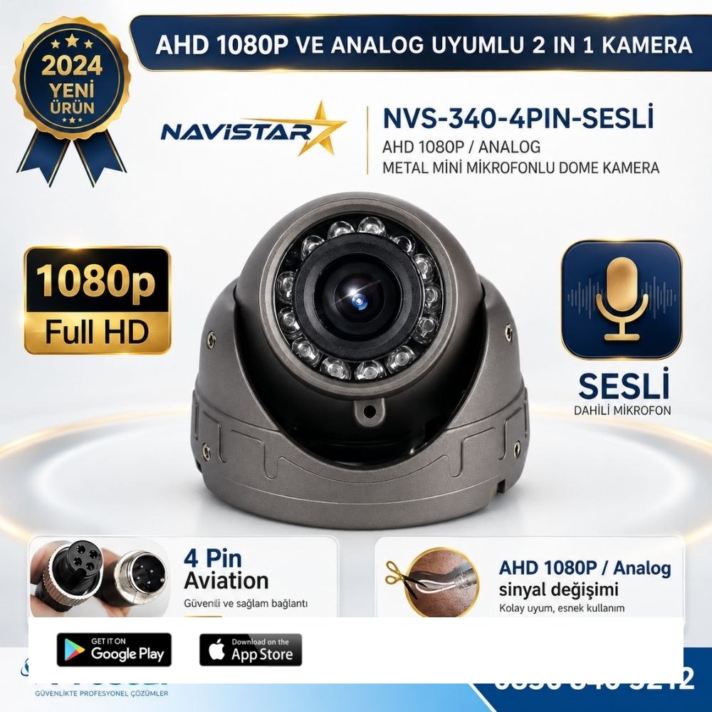Mikrofonlu AHD 1080P ve Analog Pal Dönüşümlü Gece Görüşlü 4 Pin Mini Metal Dome Araç Kamerası