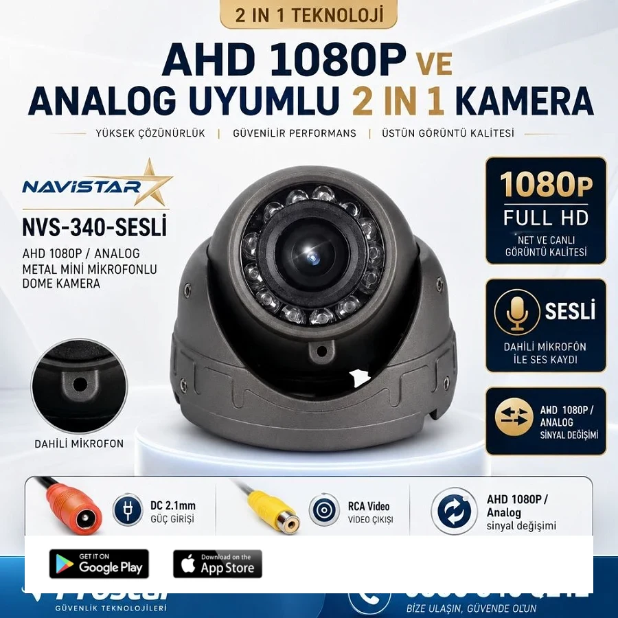 Mikrofonlu AHD 1080P ve Analog Pal Dönüşümlü Gece Görüşlü Mini Metal Dome Araç Kamerası