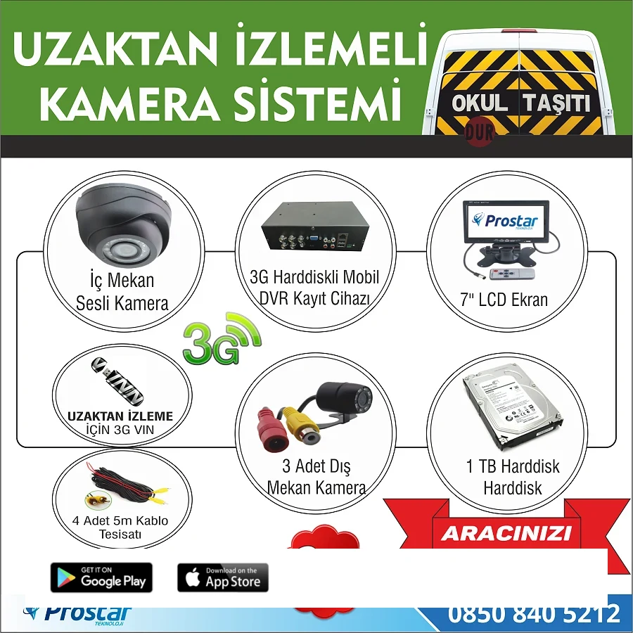 Okul Ve Servis Taşıtları İçin 1 Tb Kayıtlı 3G Destekli Kamera