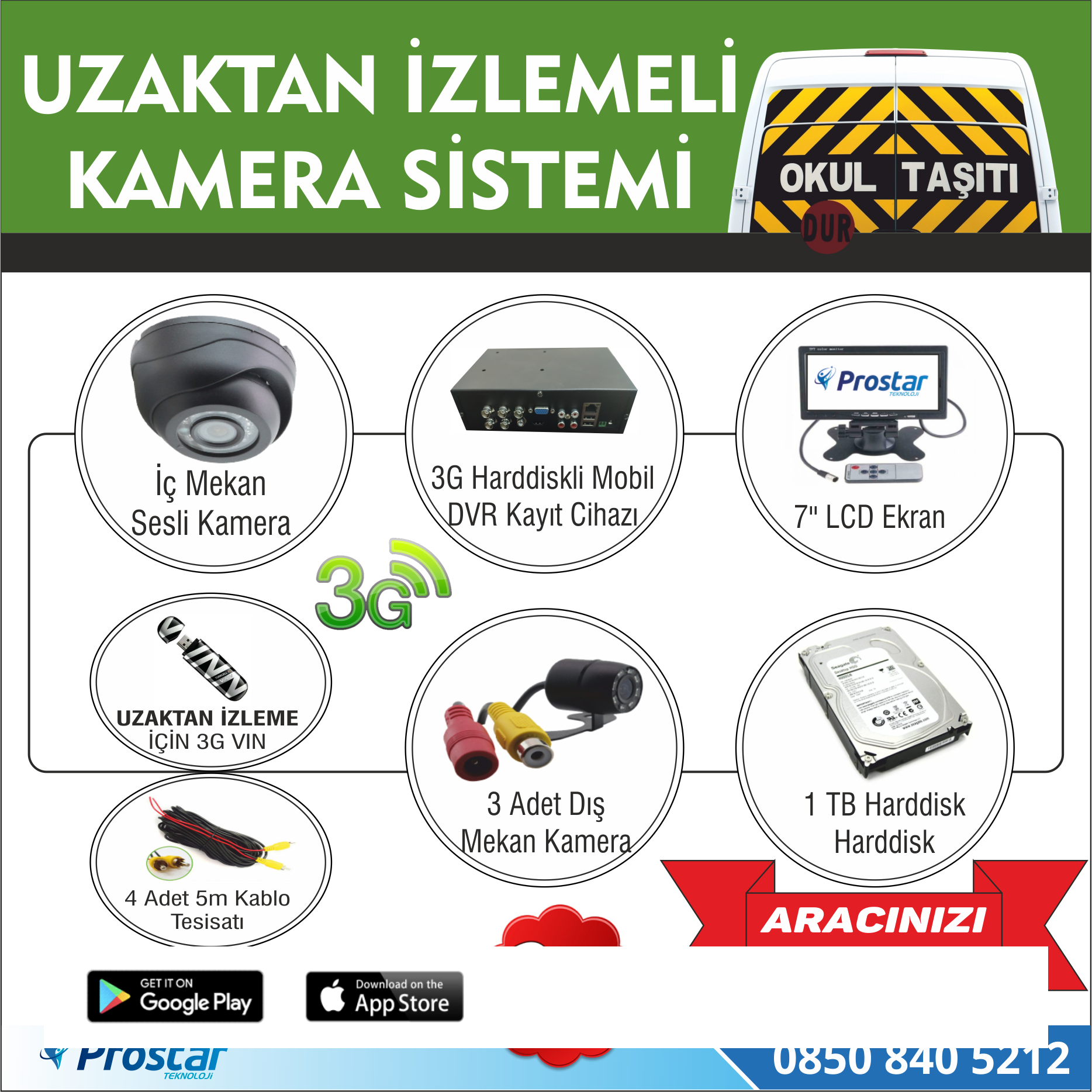 Okul Ve Servis Taşıtları İçin 1 Tb Kayıtlı 3G Destekli Kamera
