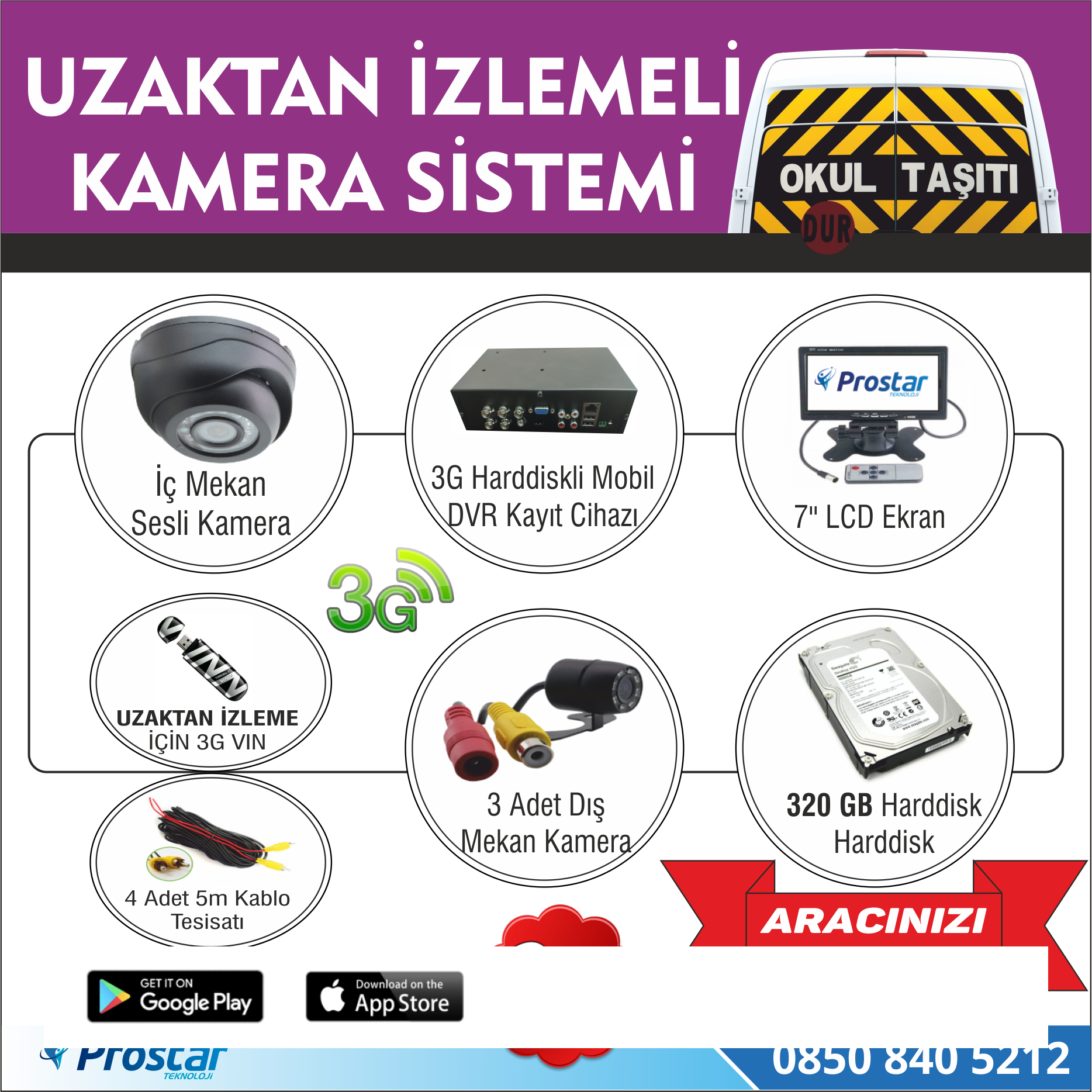 Okul Ve Servis Taşıtları İçin 320 Gb Kayıtlı Kamera Set