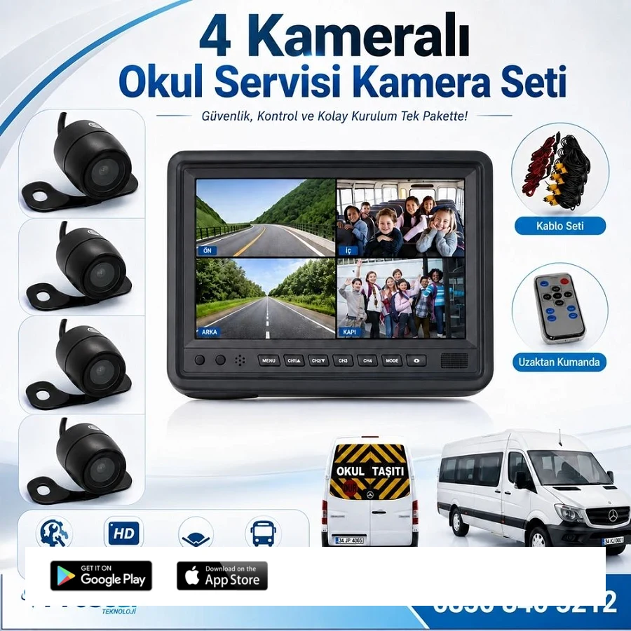 Okul ve Servis Taşıtları Dört Kameralı 7" Ekranlı 4 Kamera Dahil Full Set