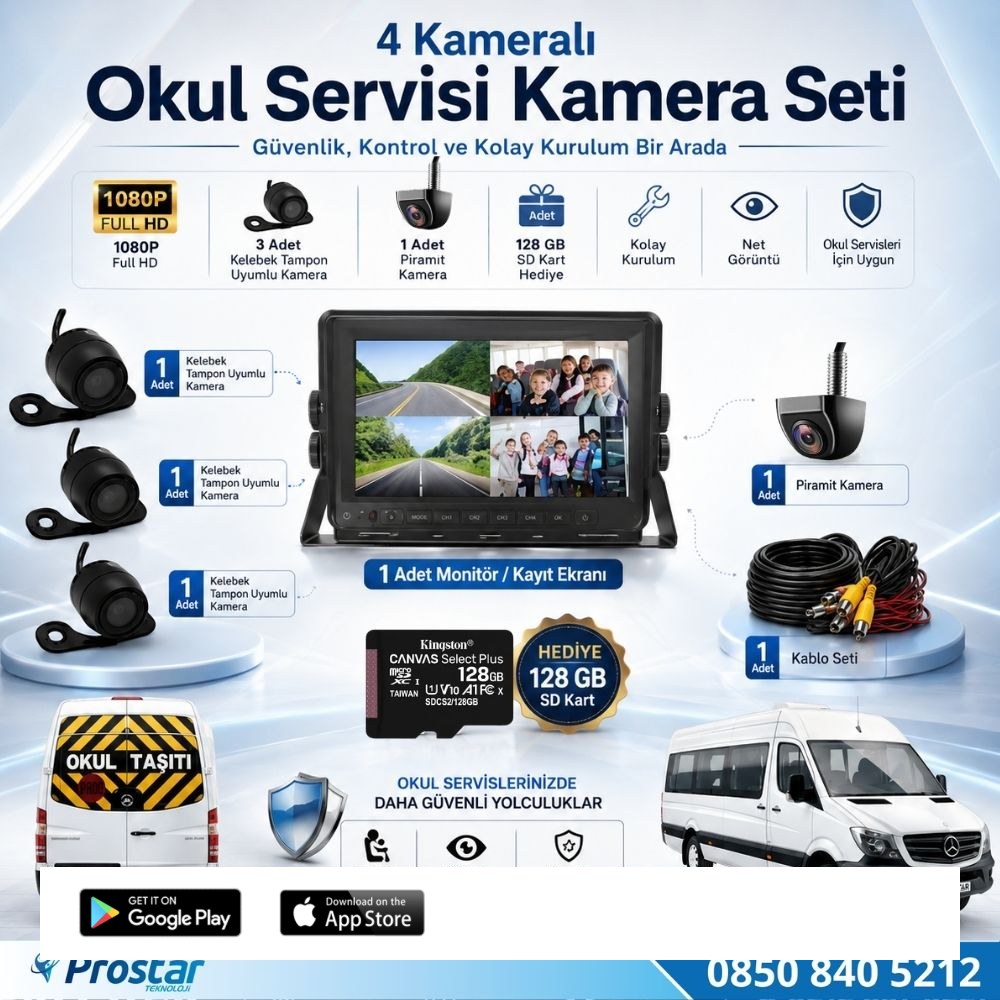 Kayıtlı Okul Ve Servis Araçları 4 Lü Kamera 7 inç Monitör Full Set + 128 Gb Sd Kart Dahil